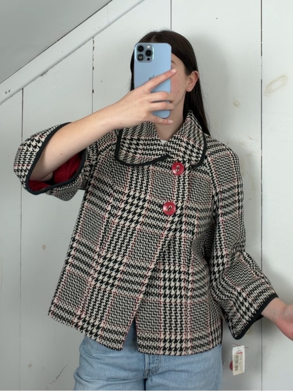 NWT Black White Red Houndstooth Wool Blend Jacket Women’s L Asymmetrical Collar - Picture 1 of 11